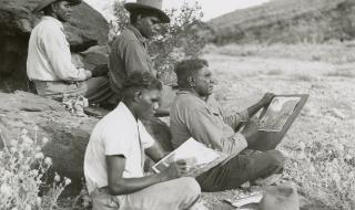 Albert Namtjira and sons working on their paintings April 1952